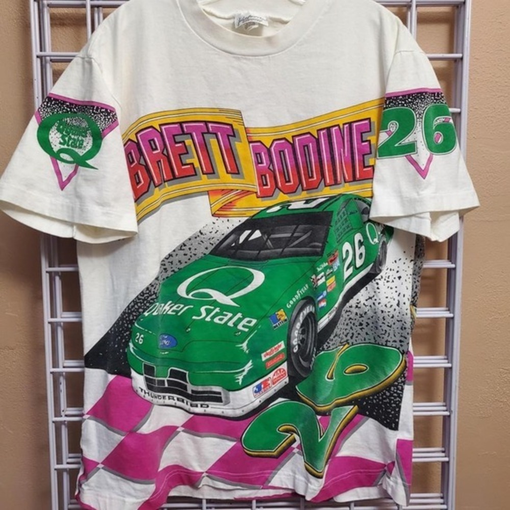 Vtg NASCAR Brett Bodine Quaker State AOP Preferred Sportswear t-shirt